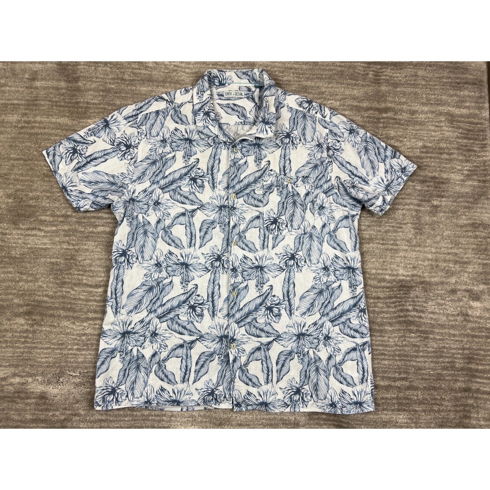 Tenth + Ocean Button Down Men Large Blue White Floral Tropical Linen Blend Shirt